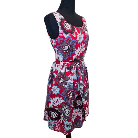 Talbots Red Jacquard Floral Tie Waist Fit & Flare Dress 10P Cotton Preppy Summer - Picture 4 of 16